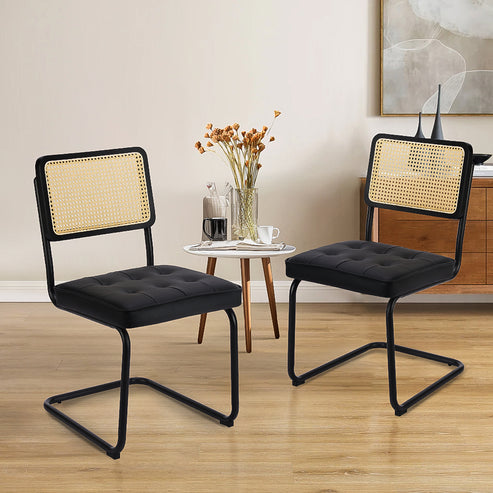 COLAMY Velvet Cantilever Dining Chairs Armless Kitchen Side Chairs with Upholstered Seat & Cane Back Model.T108 Black