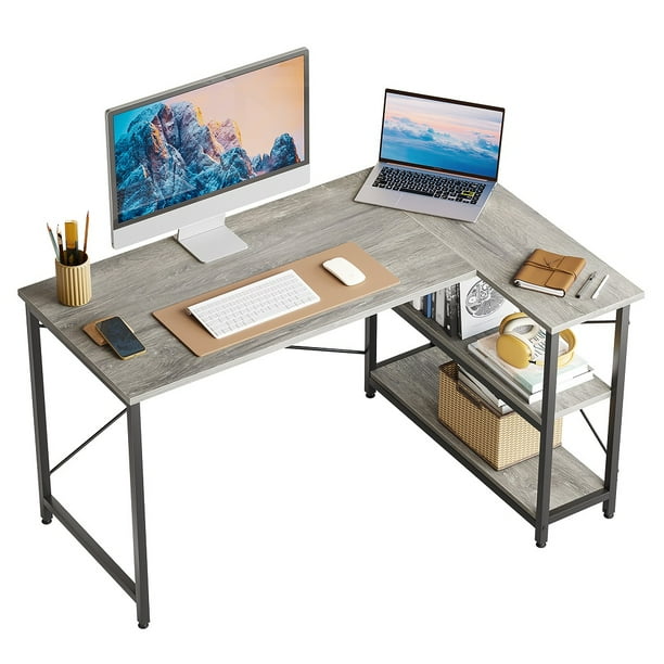 Bestier 47 inch Corner L-Shaped Desk with Storage Shelves Writing Desk Wash Grey